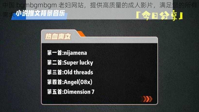 中国 bgmbgmbgm 老妇网站，提供高质量的成人影片，满足您的所有需求