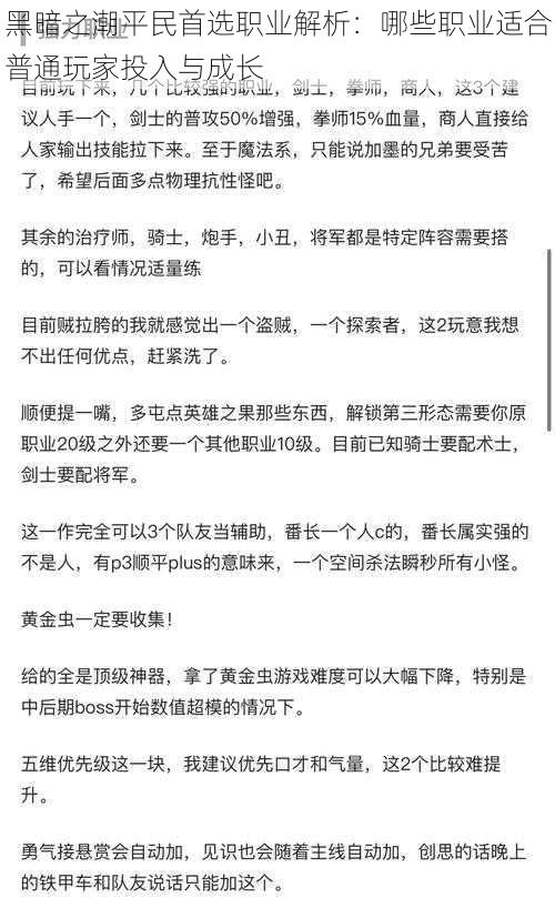 黑暗之潮平民首选职业解析：哪些职业适合普通玩家投入与成长